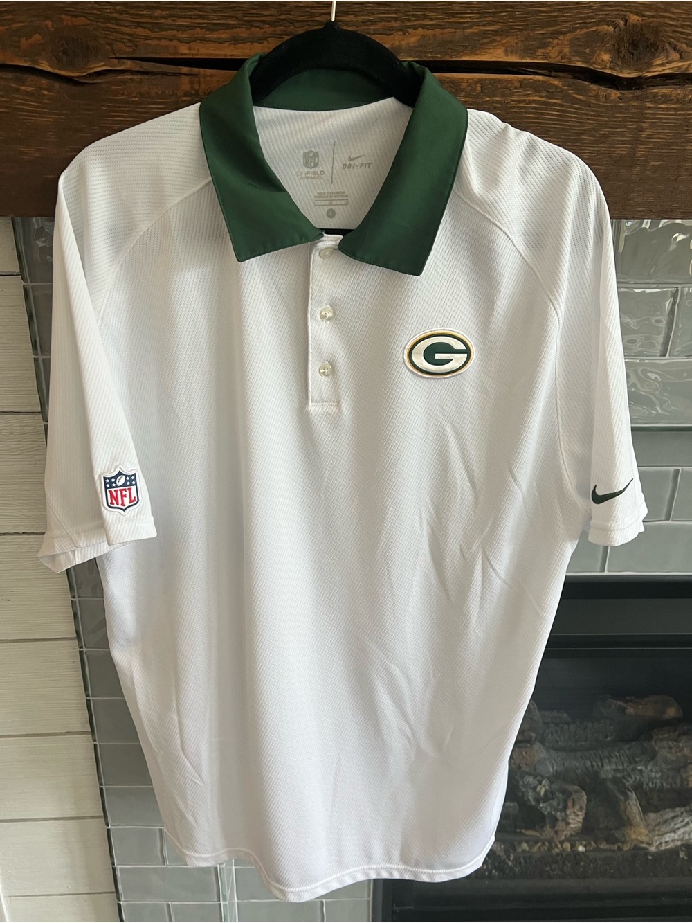 Green Bay Packers Shirt Nike White Short Sleeve Polo Size Large Dri Fit EUC